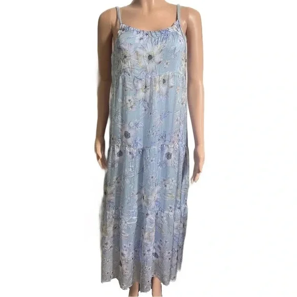 NWT ELENA BALDI Blue Silk Blend Floral Tiered Maxi Dress - Picture 2 of 14